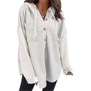 Oversized Women’s Hooded Sweatshirt - Casual Button Long Sleeve with Pockets